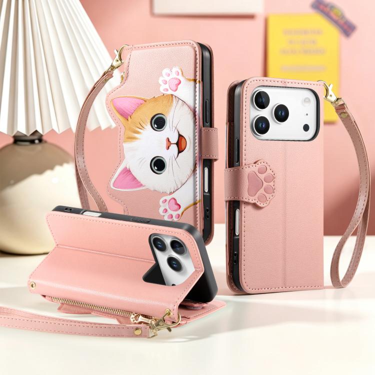 For iPhone 17 Pro Max Cat-shaped Zipper Wallet Vegan Leather Phone Case with Strap