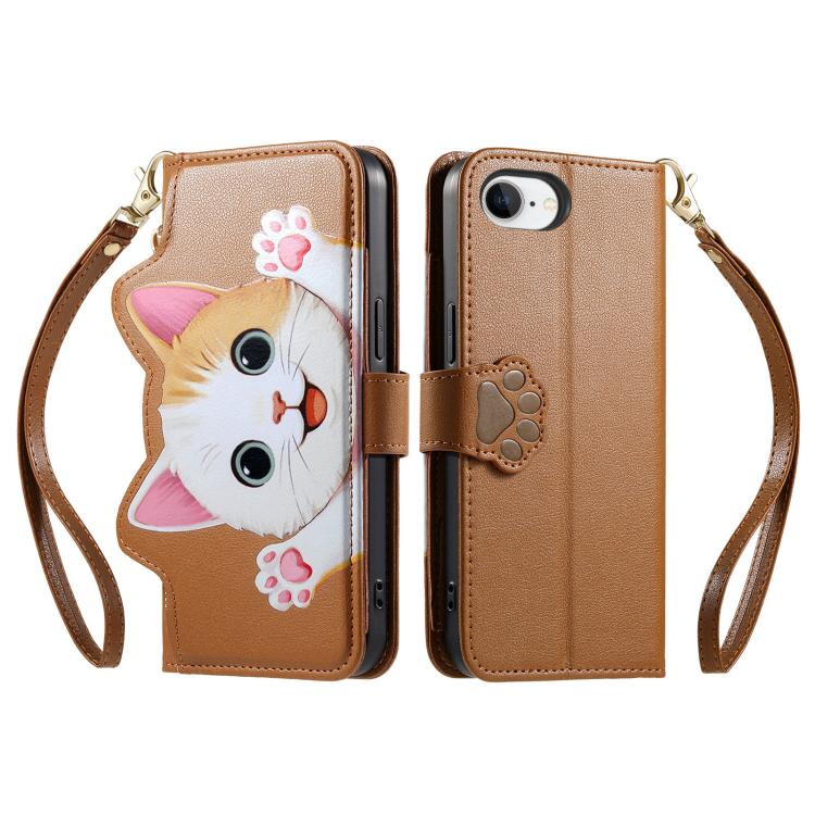 For iPhone 17e / 16e Cat-shaped Zipper Wallet Vegan Leather Phone Case with Strap