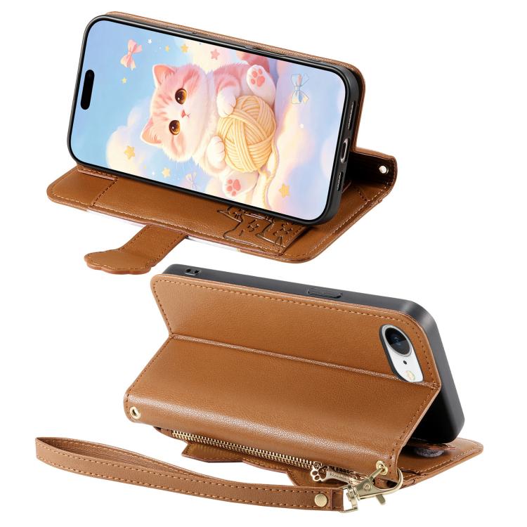 For iPhone 17e / 16e Cat-shaped Zipper Wallet Vegan Leather Phone Case with Strap