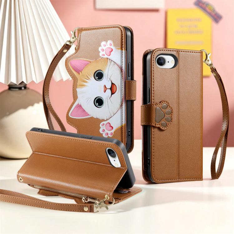 For iPhone 17e / 16e Cat-shaped Zipper Wallet Vegan Leather Phone Case with Strap