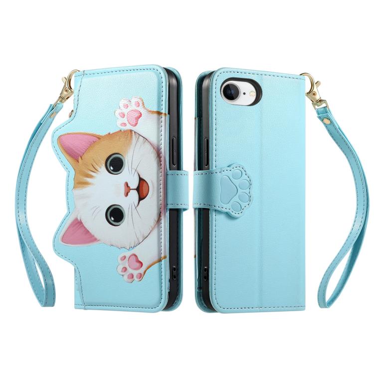 For iPhone 17e / 16e Cat-shaped Zipper Wallet Vegan Leather Phone Case with Strap