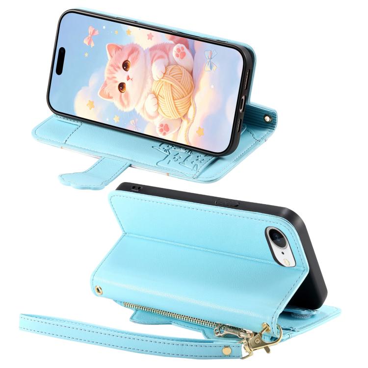For iPhone 17e / 16e Cat-shaped Zipper Wallet Vegan Leather Phone Case with Strap