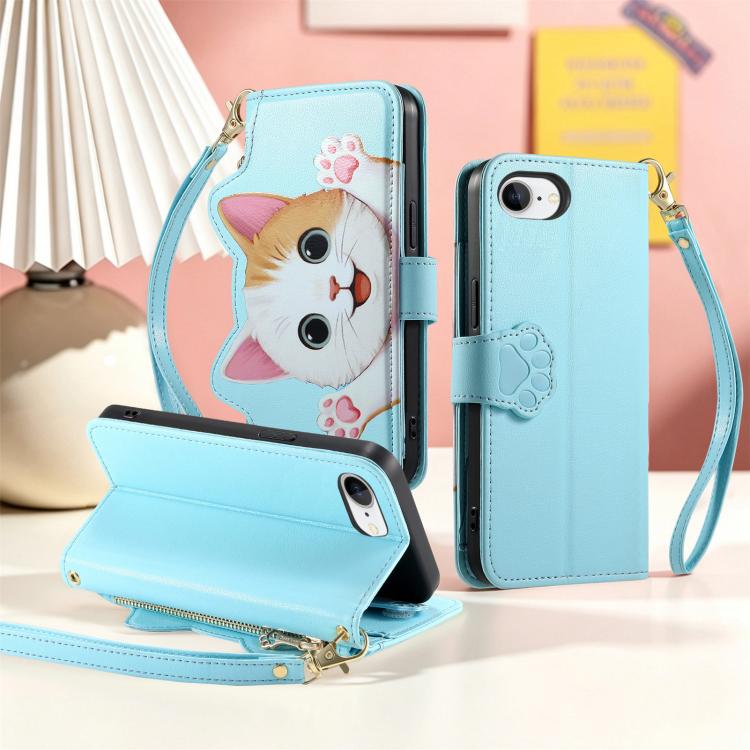 For iPhone 17e / 16e Cat-shaped Zipper Wallet Vegan Leather Phone Case with Strap