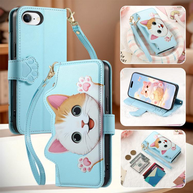 For iPhone 17e / 16e Cat-shaped Zipper Wallet Vegan Leather Phone Case with Strap