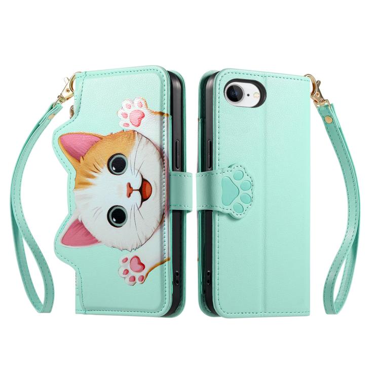 For iPhone 17e / 16e Cat-shaped Zipper Wallet Vegan Leather Phone Case with Strap