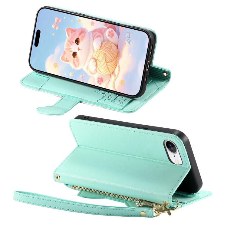 For iPhone 17e / 16e Cat-shaped Zipper Wallet Vegan Leather Phone Case with Strap