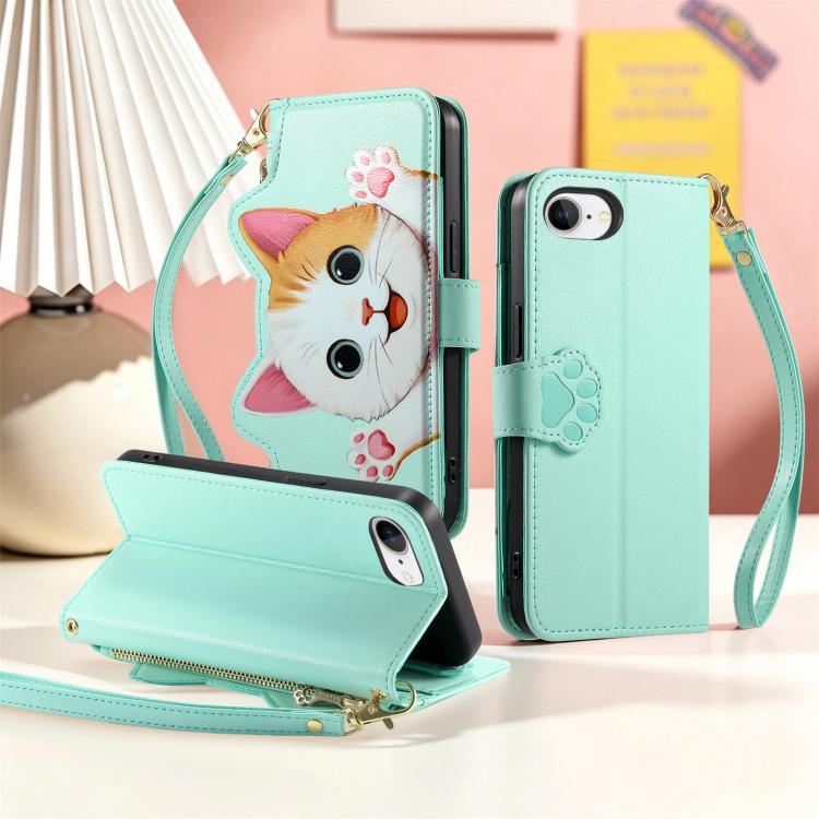 For iPhone 17e / 16e Cat-shaped Zipper Wallet Vegan Leather Phone Case with Strap