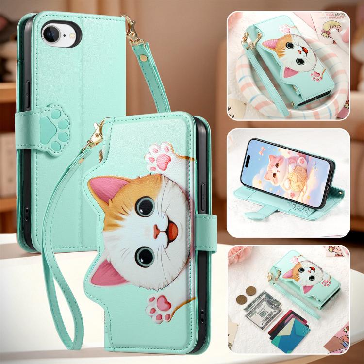 For iPhone 17e / 16e Cat-shaped Zipper Wallet Vegan Leather Phone Case with Strap