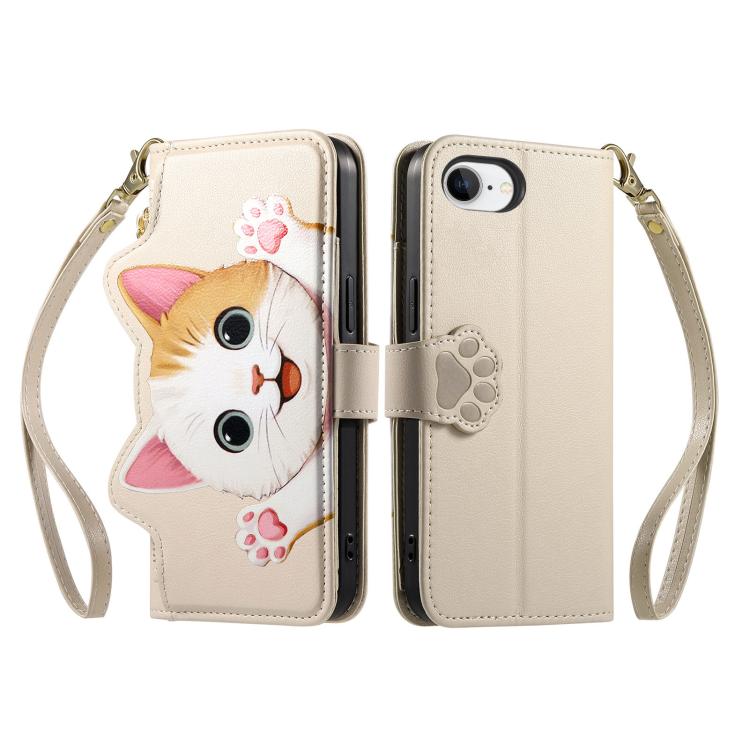 For iPhone 17e / 16e Cat-shaped Zipper Wallet Vegan Leather Phone Case with Strap