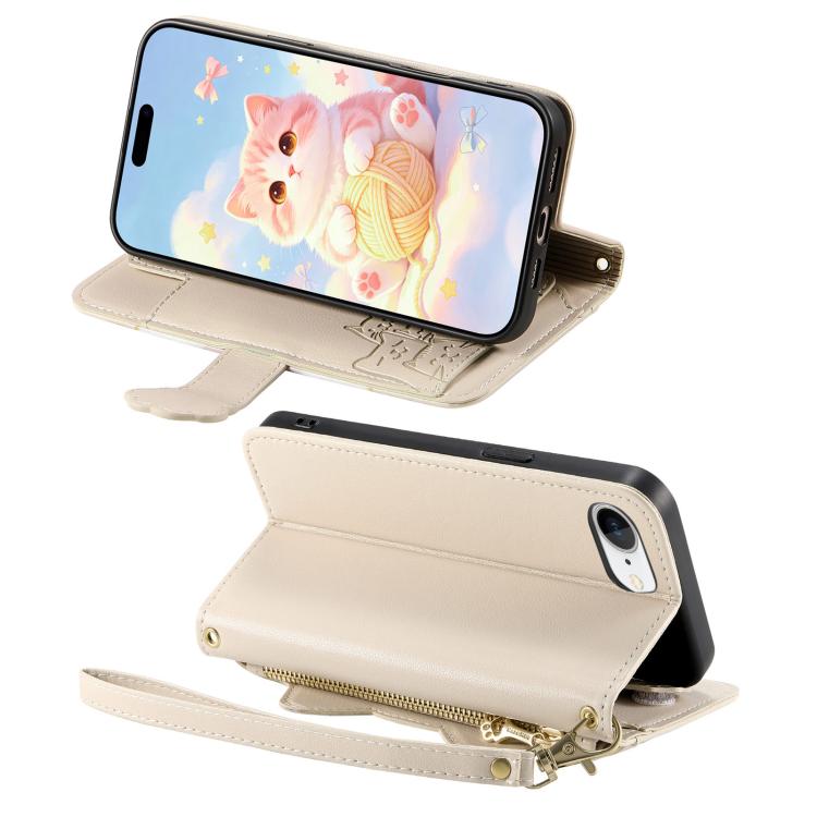 For iPhone 17e / 16e Cat-shaped Zipper Wallet Vegan Leather Phone Case with Strap
