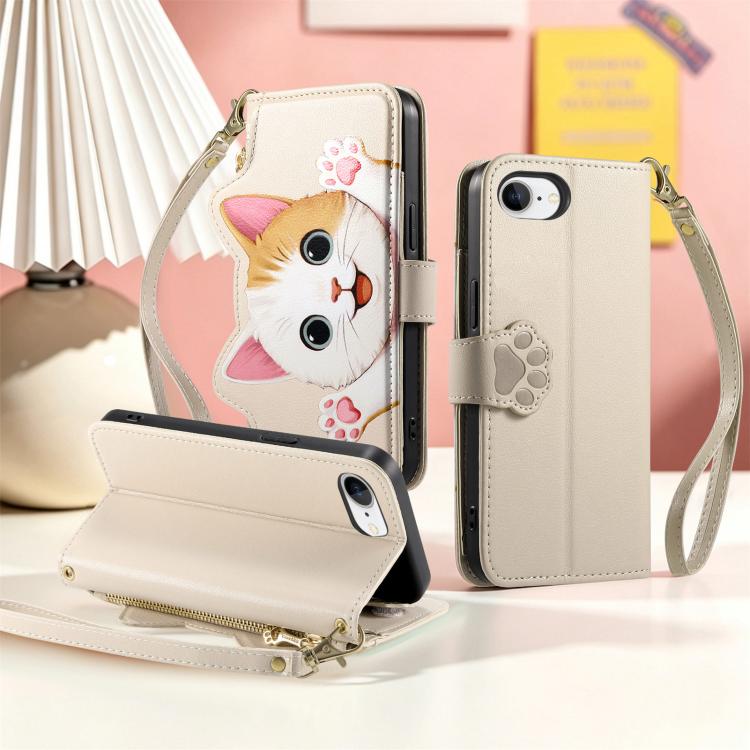 For iPhone 17e / 16e Cat-shaped Zipper Wallet Vegan Leather Phone Case with Strap