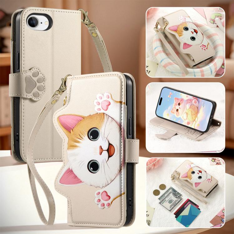 For iPhone 17e / 16e Cat-shaped Zipper Wallet Vegan Leather Phone Case with Strap