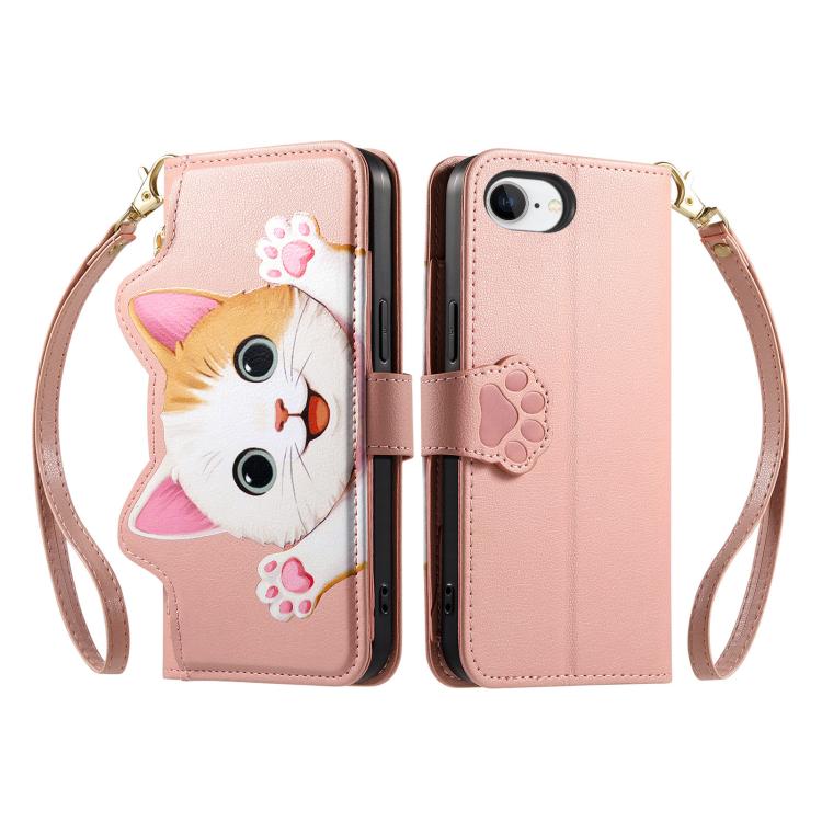 For iPhone 17e / 16e Cat-shaped Zipper Wallet Vegan Leather Phone Case with Strap