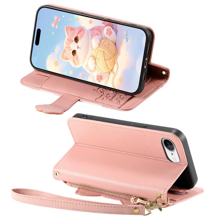 For iPhone 17e / 16e Cat-shaped Zipper Wallet Vegan Leather Phone Case with Strap