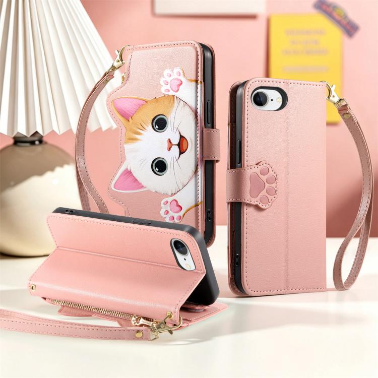 For iPhone 17e / 16e Cat-shaped Zipper Wallet Vegan Leather Phone Case with Strap