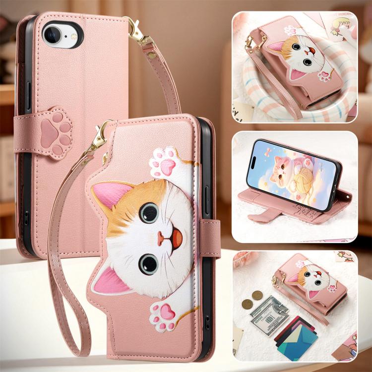 For iPhone 17e / 16e Cat-shaped Zipper Wallet Vegan Leather Phone Case with Strap