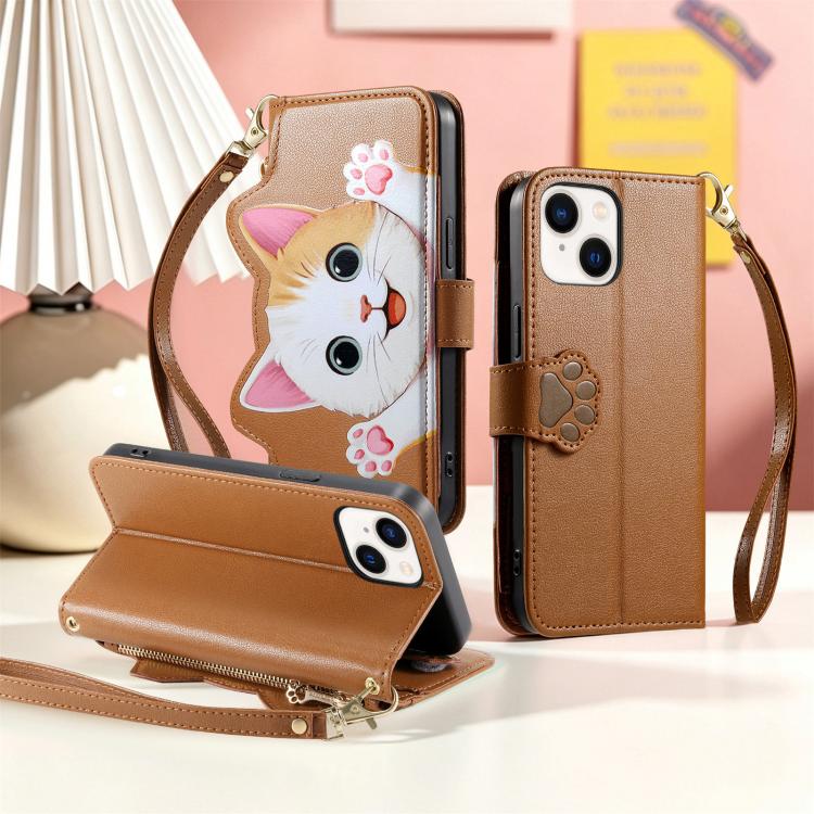 For iPhone 15 Cat-shaped Zipper Wallet Vegan Leather Phone Case with Strap
