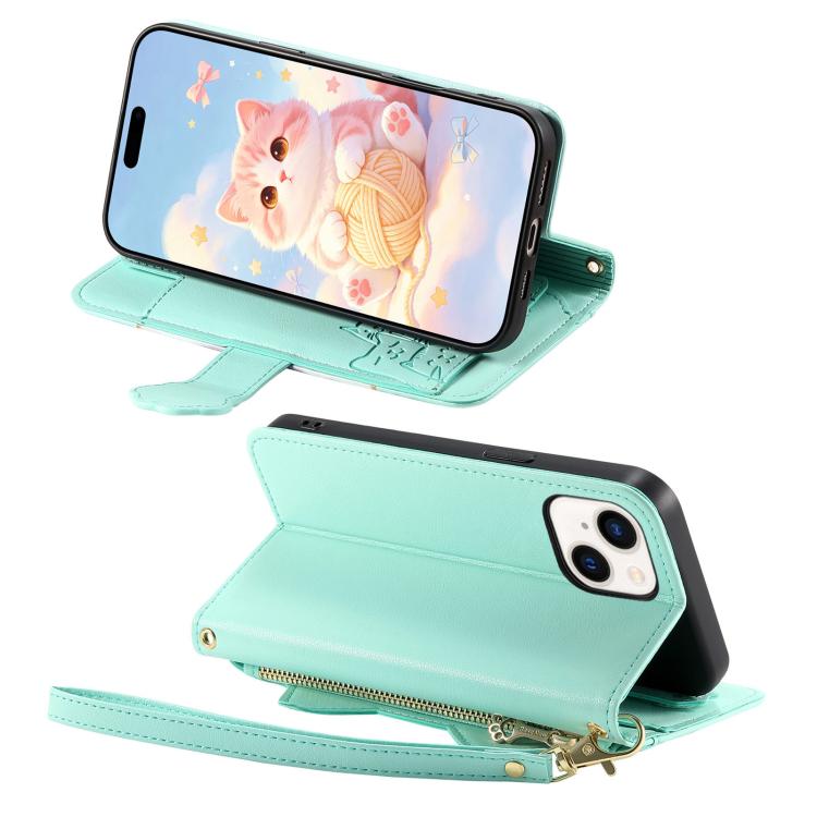 For iPhone 15 Cat-shaped Zipper Wallet Vegan Leather Phone Case with Strap