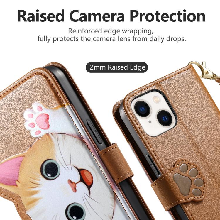 For iPhone 15 Plus Cat-shaped Zipper Wallet Vegan Leather Phone Case with Strap