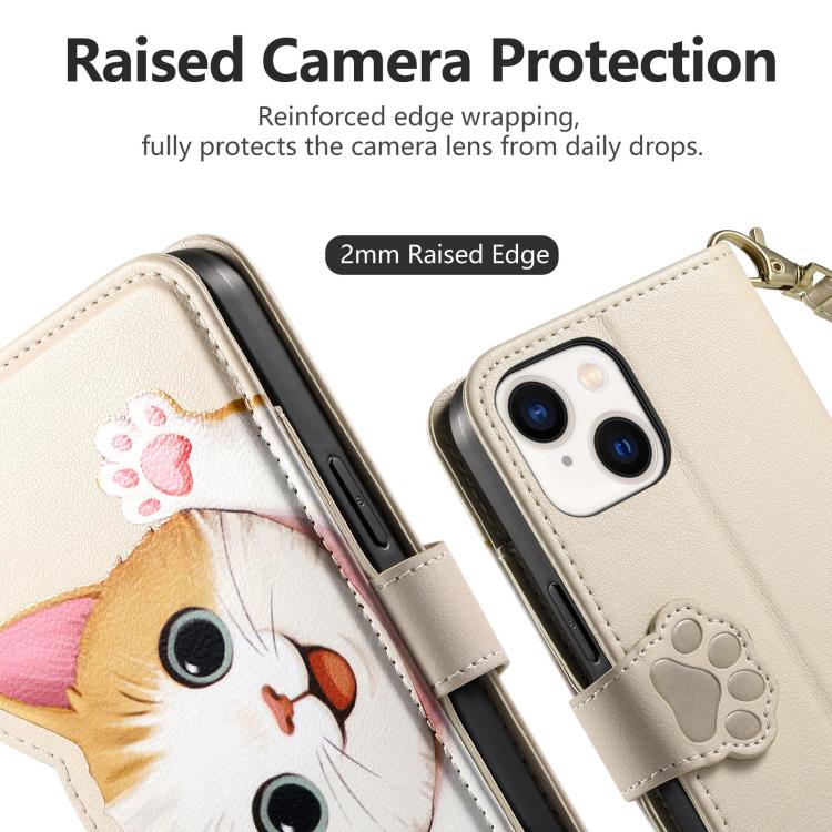 For iPhone 15 Plus Cat-shaped Zipper Wallet Vegan Leather Phone Case with Strap