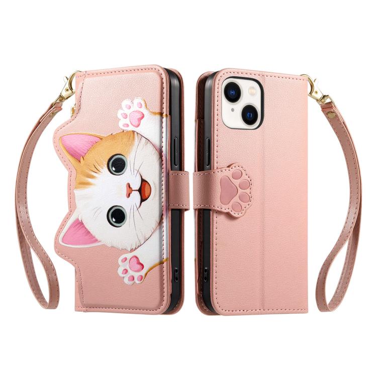 For iPhone 15 Pro Cat-shaped Zipper Wallet Vegan Leather Phone Case with Strap
