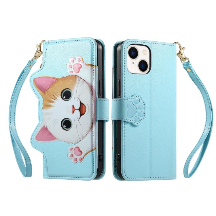 For iPhone 15 Pro Max Cat-shaped Zipper Wallet Vegan Leather Phone Case with Strap