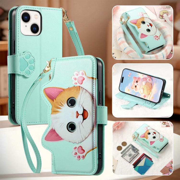 For iPhone 15 Pro Max Cat-shaped Zipper Wallet Vegan Leather Phone Case with Strap