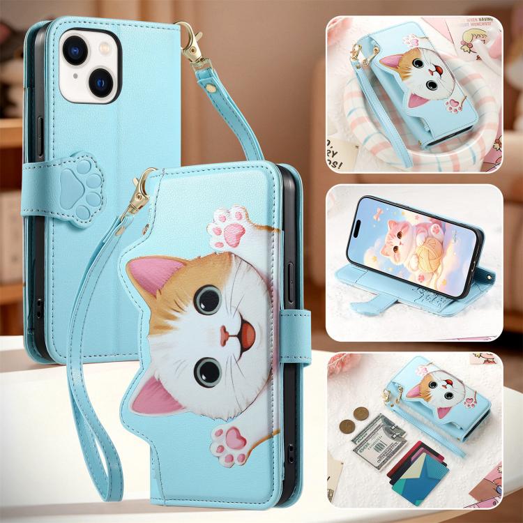 For iPhone 14 / 13 Cat-shaped Zipper Wallet Vegan Leather Phone Case with Strap