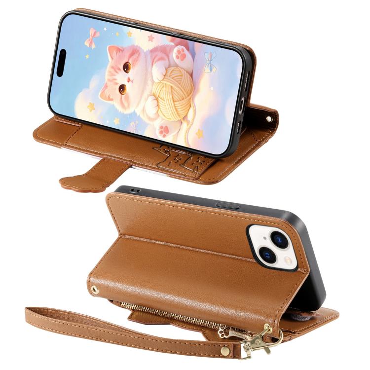 For iPhone 14 Plus Cat-shaped Zipper Wallet Vegan Leather Phone Case with Strap
