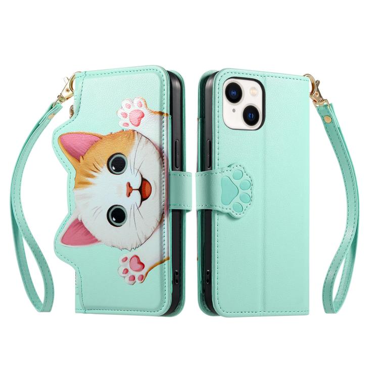 For iPhone 14 Plus Cat-shaped Zipper Wallet Vegan Leather Phone Case with Strap