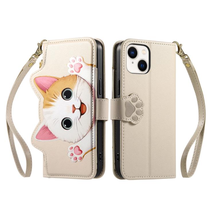 For iPhone 14 Plus Cat-shaped Zipper Wallet Vegan Leather Phone Case with Strap