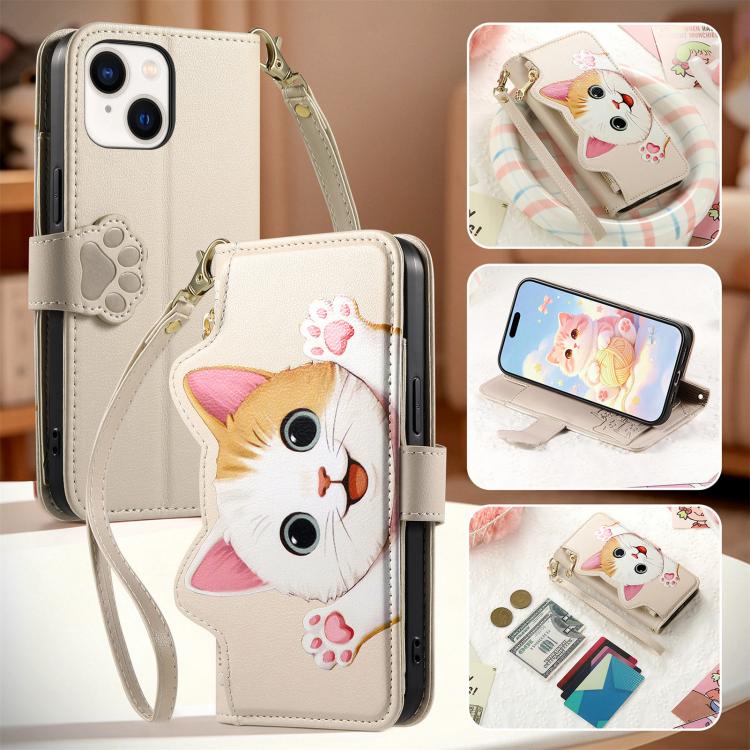 For iPhone 14 Plus Cat-shaped Zipper Wallet Vegan Leather Phone Case with Strap