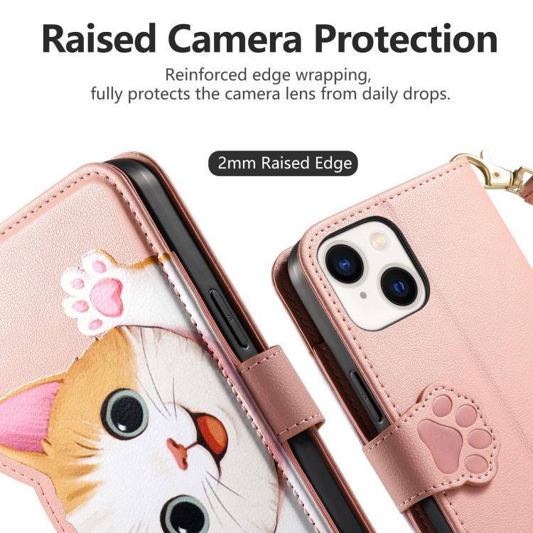For iPhone 14 Plus Cat-shaped Zipper Wallet Vegan Leather Phone Case with Strap