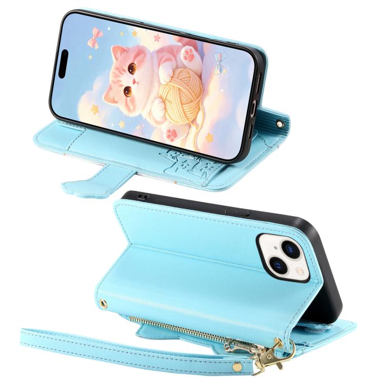 For iPhone 14 Pro Max Cat-shaped Zipper Wallet Vegan Leather Phone Case with Strap