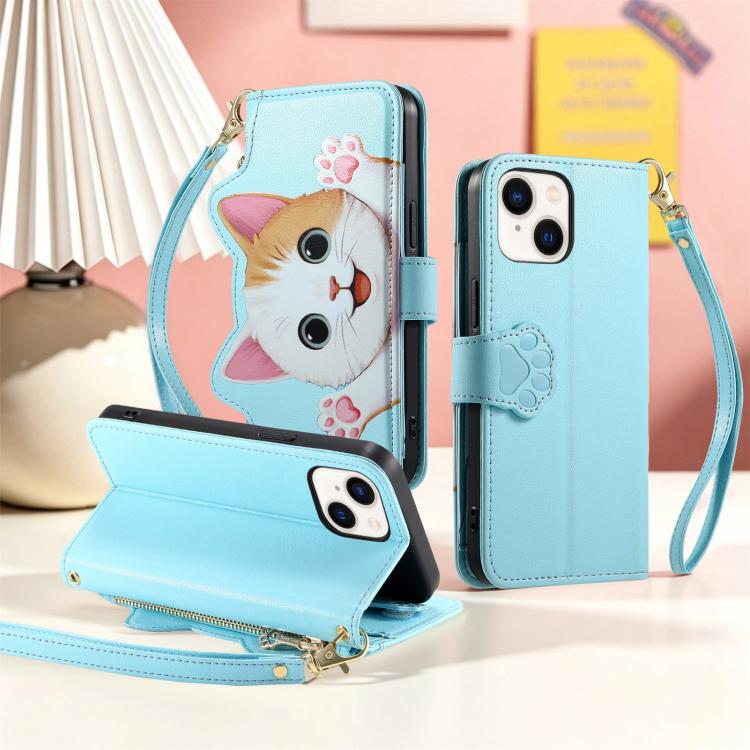 For iPhone 14 Pro Max Cat-shaped Zipper Wallet Vegan Leather Phone Case with Strap