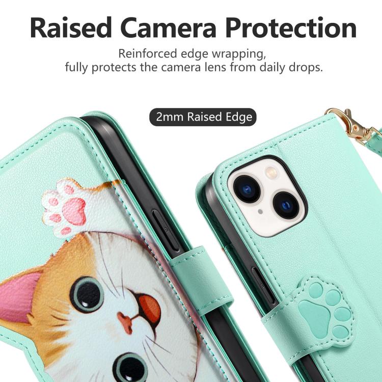 For iPhone  13 Pro Cat-shaped Zipper Wallet Vegan Leather Phone Case with Strap