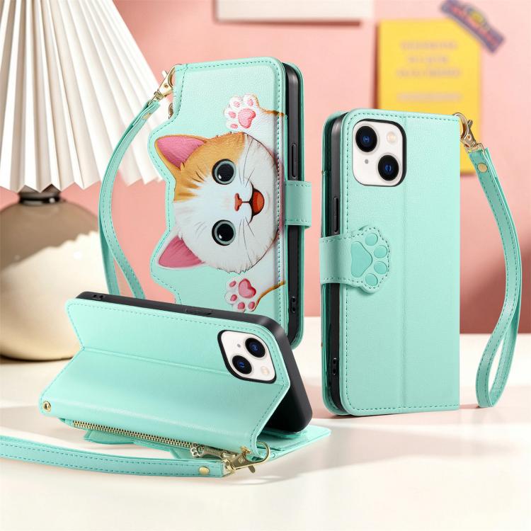 For iPhone  13 Pro Cat-shaped Zipper Wallet Vegan Leather Phone Case with Strap