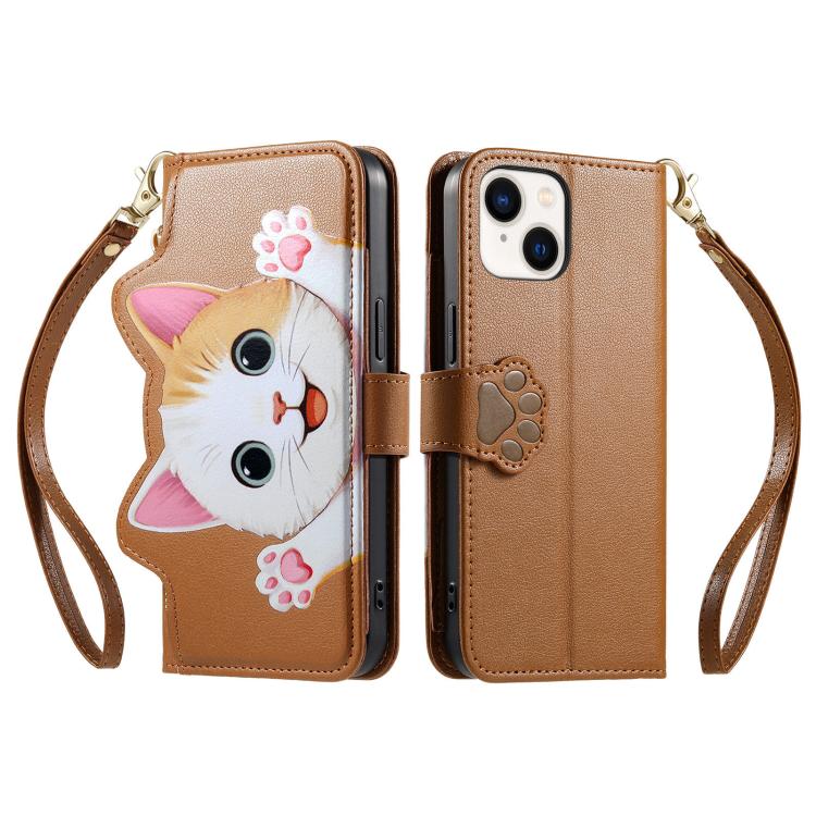 For iPhone 12 Pro Max Cat-shaped Zipper Wallet Vegan Leather Phone Case with Strap