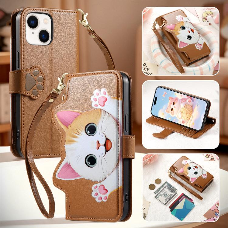 For iPhone 12 Pro Max Cat-shaped Zipper Wallet Vegan Leather Phone Case with Strap