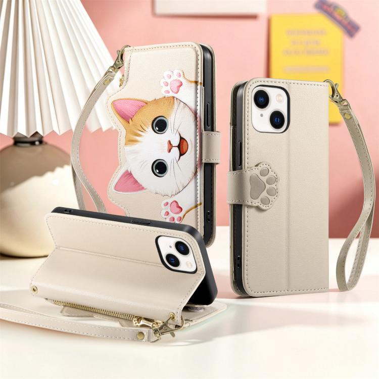 For iPhone 11 Pro Max Cat-shaped Zipper Wallet Vegan Leather Phone Case with Strap
