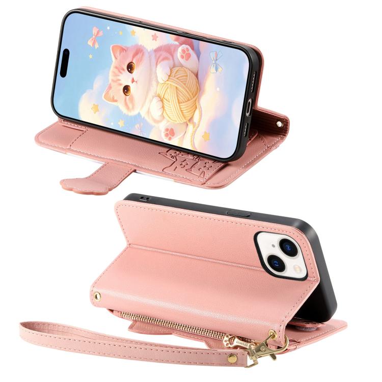 For iPhone 11 Pro Max Cat-shaped Zipper Wallet Vegan Leather Phone Case with Strap