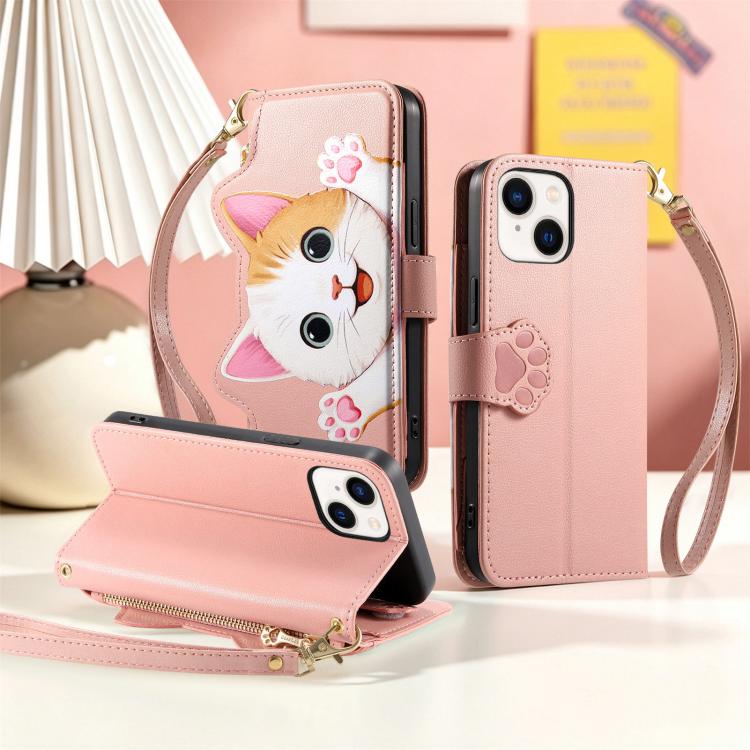 For iPhone 11 Pro Max Cat-shaped Zipper Wallet Vegan Leather Phone Case with Strap