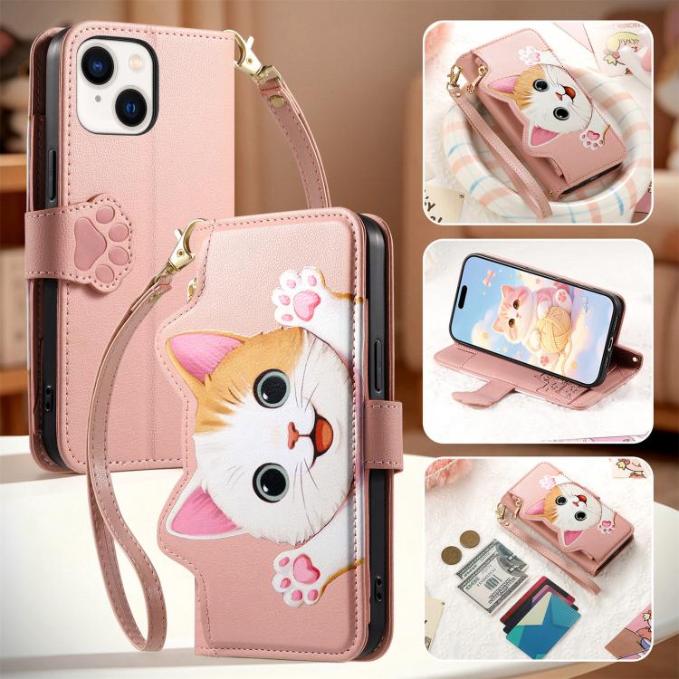 For iPhone 11 Pro Max Cat-shaped Zipper Wallet Vegan Leather Phone Case with Strap