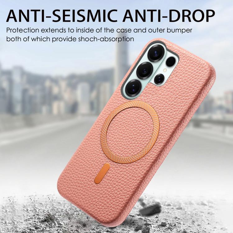 For Galaxy S26 Ultra 5G Litchi Texture Brushed MagSafe PU Back Cover Phone Case