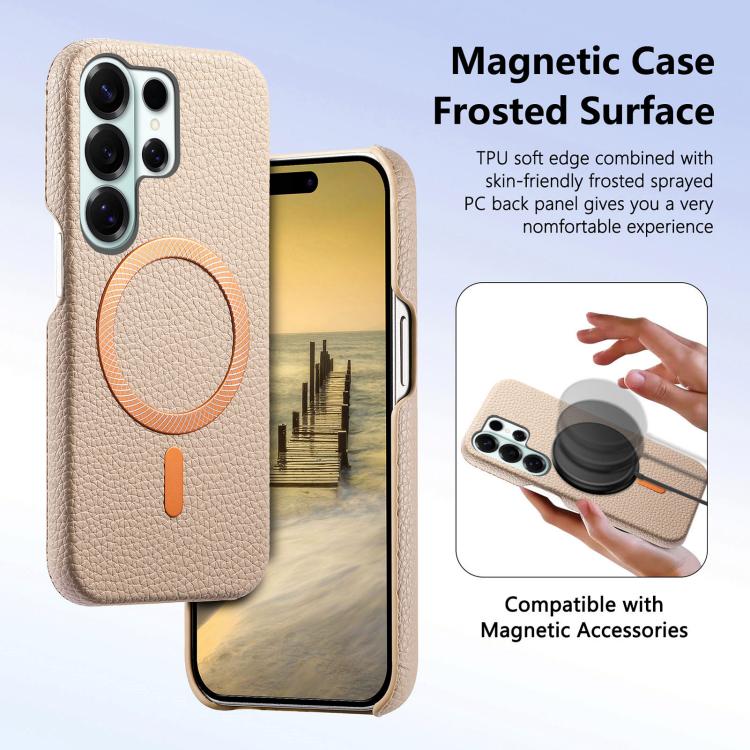 For Galaxy S26 Ultra 5G Litchi Texture Brushed MagSafe PU Back Cover Phone Case