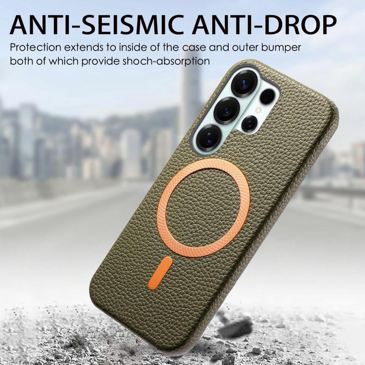 For Galaxy S26 Ultra 5G Litchi Texture Brushed MagSafe PU Back Cover Phone Case