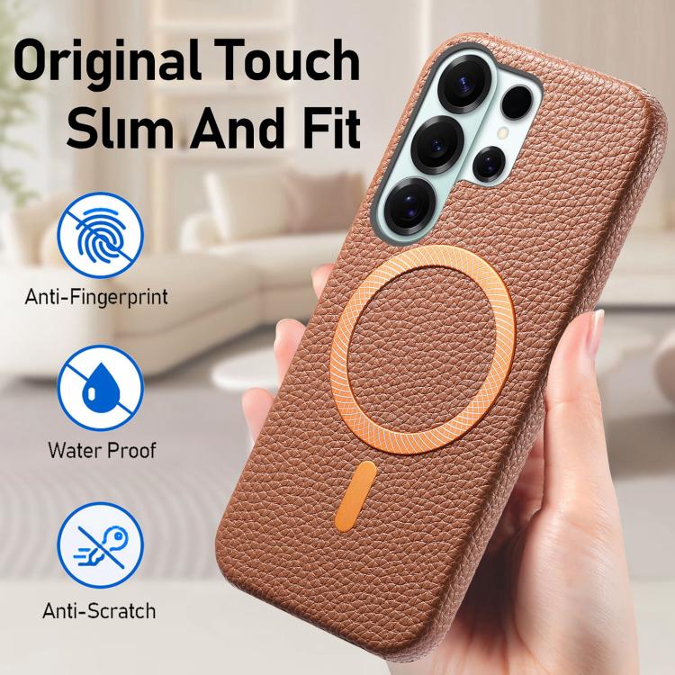 For Galaxy S26 Ultra 5G Litchi Texture Brushed MagSafe PU Back Cover Phone Case