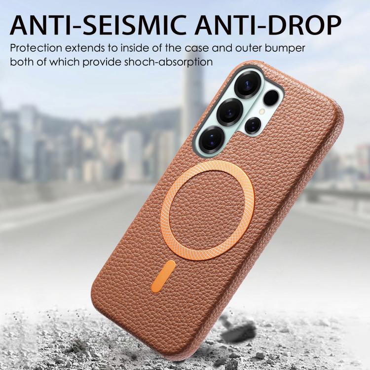 For Galaxy S26 Ultra 5G Litchi Texture Brushed MagSafe PU Back Cover Phone Case