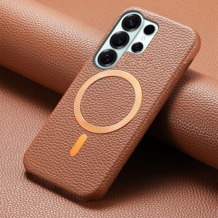 For Galaxy S26 Ultra 5G Litchi Texture Brushed MagSafe PU Back Cover Phone Case