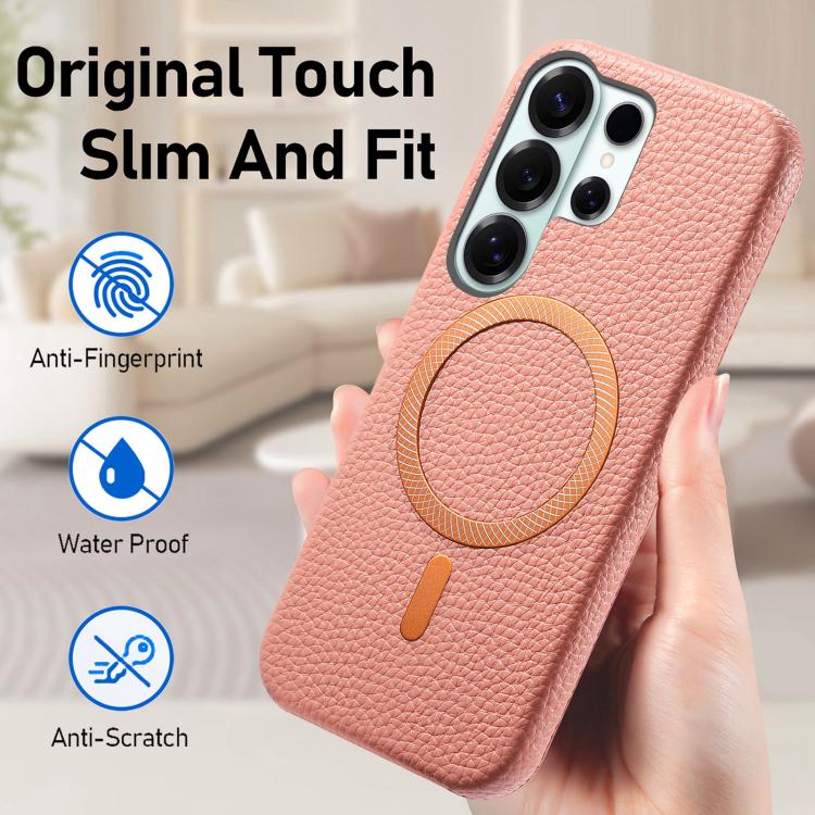 For Galaxy S25 Ultra 5G Litchi Texture Brushed MagSafe PU Back Cover Phone Case